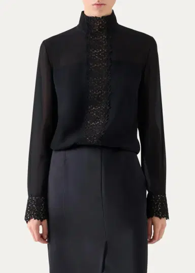 Akris Mock-Neck Lace Inset Long-Sleeve Blouse | Thumbnail 4 Akris Mock-Neck Lace Inset Long-Sleeve Blouse | Thumbnail 4