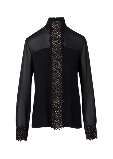 Akris Mock-Neck Lace Inset Long-Sleeve Blouse | Thumbnail 1 Akris Mock-Neck Lace Inset Long-Sleeve Blouse | Thumbnail 1