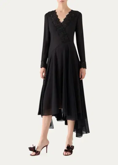 Akris Lace V-Neck Silk Georgette Asymmetric Midi Dress | Thumbnail 4 Akris Lace V-Neck Silk Georgette Asymmetric Midi Dress | Thumbnail 4