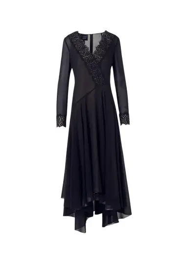 Akris Lace V-Neck Silk Georgette Asymmetric Midi Dress | Thumbnail 1 Akris Lace V-Neck Silk Georgette Asymmetric Midi Dress | Thumbnail 1