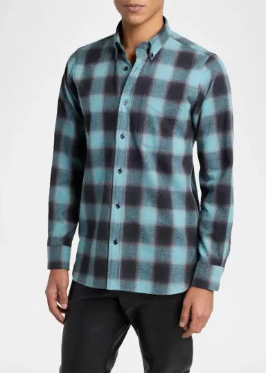 Tom Ford Men's Brushed Flannel Check Button-Down Shirt | Thumbnail 4 Tom Ford Men's Brushed Flannel Check Button-Down Shirt | Thumbnail 4