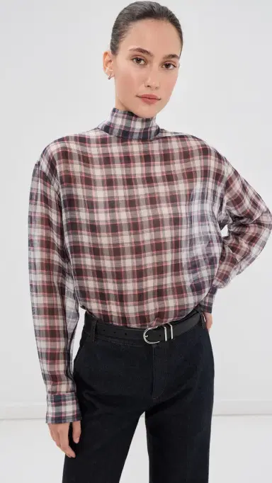 Tibi Silk Cotton Plaid Funnel Neck Shirt | Thumbnail 2 Tibi Silk Cotton Plaid Funnel Neck Shirt | Thumbnail 2