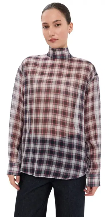 Tibi Silk Cotton Plaid Funnel Neck Shirt | Thumbnail 1 Tibi Silk Cotton Plaid Funnel Neck Shirt | Thumbnail 1