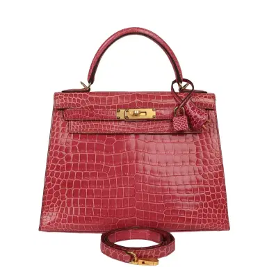 HERMÈS Pre-owned Hermes Kelly Sellier 28 Fuchsia Shiny Porosus Crocodile Gold Hardware | Thumbnail 1 HERMÈS Pre-owned Hermes Kelly Sellier 28 Fuchsia Shiny Porosus Crocodile Gold Hardware | Thumbnail 1