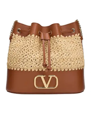 Valentino Garavani Mini Raffia & Leather Bucket Crossbody Bag | Thumbnail 1 Valentino Garavani Mini Raffia & Leather Bucket Crossbody Bag | Thumbnail 1