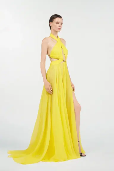 Roberto Cavalli Yellow Silk Maxi Dress with Cut-Outs | Thumbnail 2 Roberto Cavalli Yellow Silk Maxi Dress with Cut-Outs | Thumbnail 2