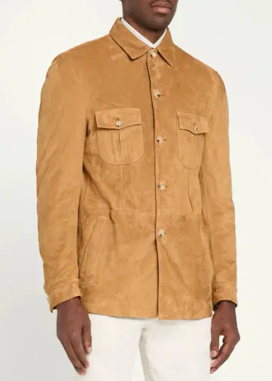 Cesare Attolini Men's Suede Check-Lined Shirt Jacket | Thumbnail 4 Cesare Attolini Men's Suede Check-Lined Shirt Jacket | Thumbnail 4