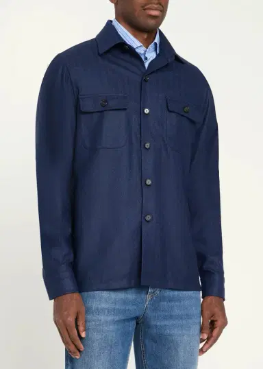 Cesare Attolini Men's Wool Micro-Herringbone Overshirt | Thumbnail 4 Cesare Attolini Men's Wool Micro-Herringbone Overshirt | Thumbnail 4