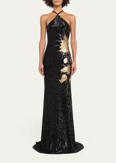 Naeem Khan Halter Floral Stretch Sequined Trumpet Gown | Thumbnail 2 Naeem Khan Halter Floral Stretch Sequined Trumpet Gown | Thumbnail 2