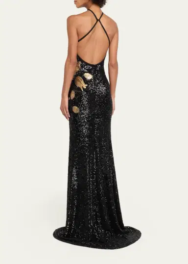 Naeem Khan Halter Floral Stretch Sequined Trumpet Gown | Thumbnail 3 Naeem Khan Halter Floral Stretch Sequined Trumpet Gown | Thumbnail 3