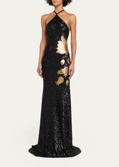 Naeem Khan Halter Floral Stretch Sequined Trumpet Gown | Thumbnail 4 Naeem Khan Halter Floral Stretch Sequined Trumpet Gown | Thumbnail 4