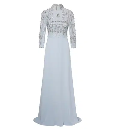 Costarellos Brona embellished lace-paneled crêpe gown | Thumbnail 1 Costarellos Brona embellished lace-paneled crêpe gown | Thumbnail 1