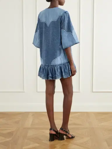 ALÉMAIS Jesse Ruffled Embroidered Denim Mini Dress | Thumbnail 3 ALÉMAIS Jesse Ruffled Embroidered Denim Mini Dress | Thumbnail 3