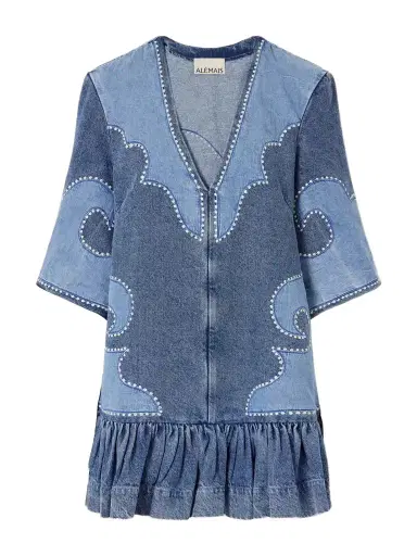 ALÉMAIS Jesse Ruffled Embroidered Denim Mini Dress | Thumbnail 1 ALÉMAIS Jesse Ruffled Embroidered Denim Mini Dress | Thumbnail 1