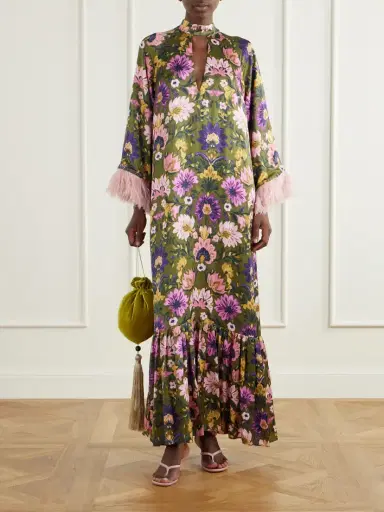 Borgo de Nor Avalon Feather-trimmed Printed Satin Maxi Dress | Thumbnail 2 Borgo de Nor Avalon Feather-trimmed Printed Satin Maxi Dress | Thumbnail 2