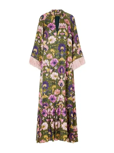 Borgo de Nor Avalon Feather-trimmed Printed Satin Maxi Dress | Thumbnail 1 Borgo de Nor Avalon Feather-trimmed Printed Satin Maxi Dress | Thumbnail 1