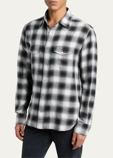 Tom Ford Men's Cotton and Cashmere Check Snap-Front Western Shirt | Thumbnail 4 Tom Ford Men's Cotton and Cashmere Check Snap-Front Western Shirt | Thumbnail 4