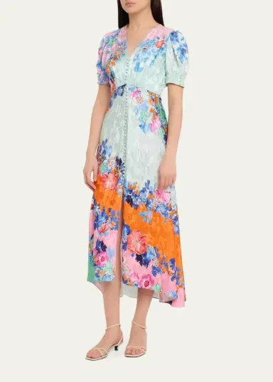 Saloni Lea Floral Silk Jacquard Button-Front Midi Dress | Thumbnail 4 Saloni Lea Floral Silk Jacquard Button-Front Midi Dress | Thumbnail 4