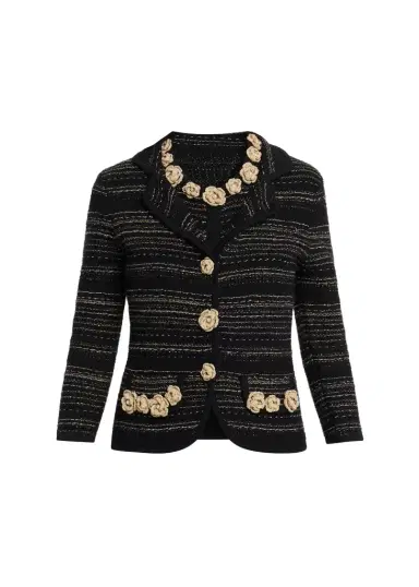 Rickie Freeman for Teri Jon Crochet Floral Applique Striped Knit Jacket | Thumbnail 1 Rickie Freeman for Teri Jon Crochet Floral Applique Striped Knit Jacket | Thumbnail 1