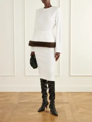 Stella McCartney Plush-trimmed Belted Crepe Midi Dress | Thumbnail 2 Stella McCartney Plush-trimmed Belted Crepe Midi Dress | Thumbnail 2
