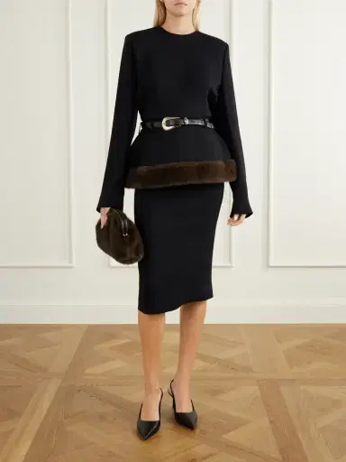 Stella McCartney Plush-trimmed Belted Crepe Midi Dress | Thumbnail 2 Stella McCartney Plush-trimmed Belted Crepe Midi Dress | Thumbnail 2