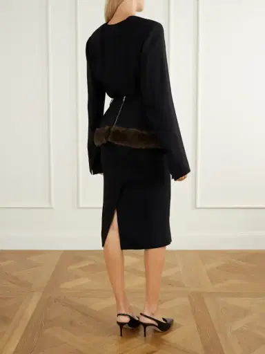 Stella McCartney Plush-trimmed Belted Crepe Midi Dress | Thumbnail 3 Stella McCartney Plush-trimmed Belted Crepe Midi Dress | Thumbnail 3
