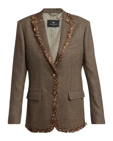 Etro Feather-Trim Houndstooth Wool Single-Breasted Jacket | Thumbnail 1 Etro Feather-Trim Houndstooth Wool Single-Breasted Jacket | Thumbnail 1