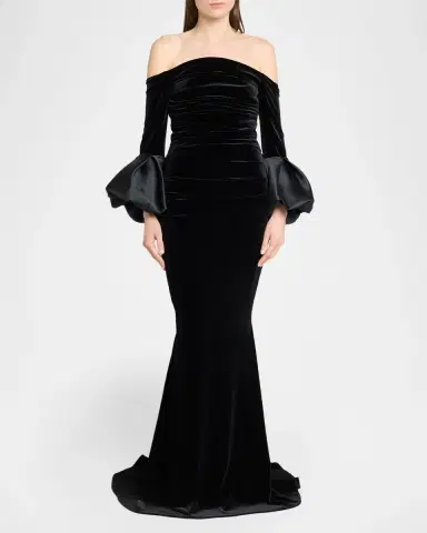 Talbot Runhof Ruffle Long-Sleeve Stretch Velvet Off-The-Shoulder Gown | Thumbnail 2 Talbot Runhof Ruffle Long-Sleeve Stretch Velvet Off-The-Shoulder Gown | Thumbnail 2