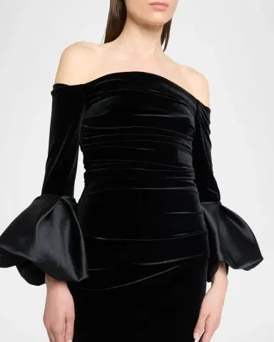 Talbot Runhof Ruffle Long-Sleeve Stretch Velvet Off-The-Shoulder Gown | Thumbnail 5 Talbot Runhof Ruffle Long-Sleeve Stretch Velvet Off-The-Shoulder Gown | Thumbnail 5