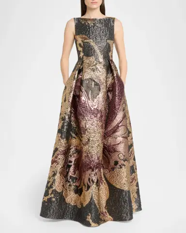 Talbot Runhof Metallic Magnolia Jacquard Pleated Ball Gown | Thumbnail 2 Talbot Runhof Metallic Magnolia Jacquard Pleated Ball Gown | Thumbnail 2