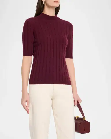 Neiman Marcus Ribbed Cashmere Elbow-Sleeve Sweater | Thumbnail 4 Neiman Marcus Ribbed Cashmere Elbow-Sleeve Sweater | Thumbnail 4