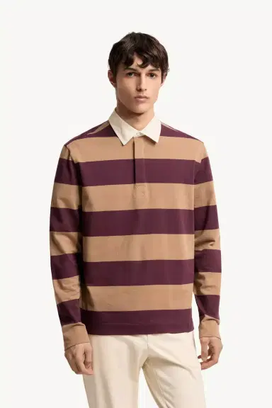 Moncler Striped Cotton Long Sleeve Polo Shirt | Thumbnail 5 Moncler Striped Cotton Long Sleeve Polo Shirt | Thumbnail 5