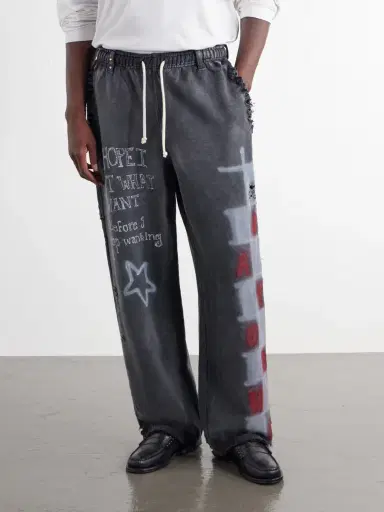 Satoshi Nakamoto Get What I Want Distressed Embellished Printed Sweatpants - Men | Thumbnail 3 Satoshi Nakamoto Get What I Want Distressed Embellished Printed Sweatpants - Men | Thumbnail 3