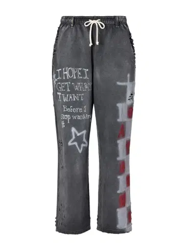 Satoshi Nakamoto Get What I Want Distressed Embellished Printed Sweatpants - Men | Thumbnail 1 Satoshi Nakamoto Get What I Want Distressed Embellished Printed Sweatpants - Men | Thumbnail 1