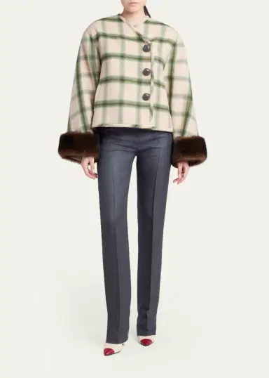 Valentino Garavani Interferenze Shearling-Cuff Plaid Jacket | Thumbnail 2 Valentino Garavani Interferenze Shearling-Cuff Plaid Jacket | Thumbnail 2