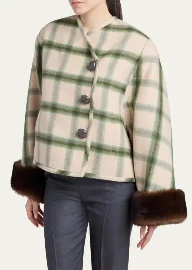 Valentino Garavani Interferenze Shearling-Cuff Plaid Jacket | Thumbnail 4 Valentino Garavani Interferenze Shearling-Cuff Plaid Jacket | Thumbnail 4