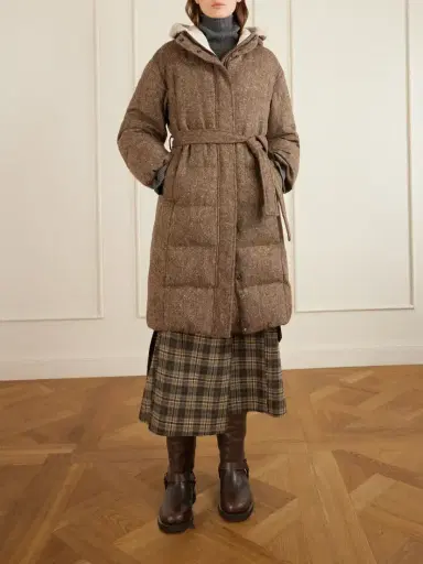 Brunello Cucinelli Hooded Belted Padded Quilted Shearling-trimmed Wool-blend Down Jacket | Thumbnail 2 Brunello Cucinelli Hooded Belted Padded Quilted Shearling-trimmed Wool-blend Down Jacket | Thumbnail 2