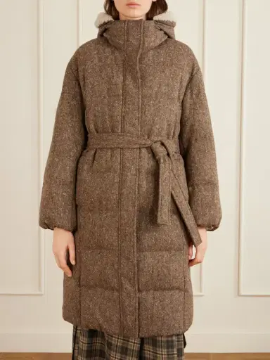 Brunello Cucinelli Hooded Belted Padded Quilted Shearling-trimmed Wool-blend Down Jacket | Thumbnail 3 Brunello Cucinelli Hooded Belted Padded Quilted Shearling-trimmed Wool-blend Down Jacket | Thumbnail 3