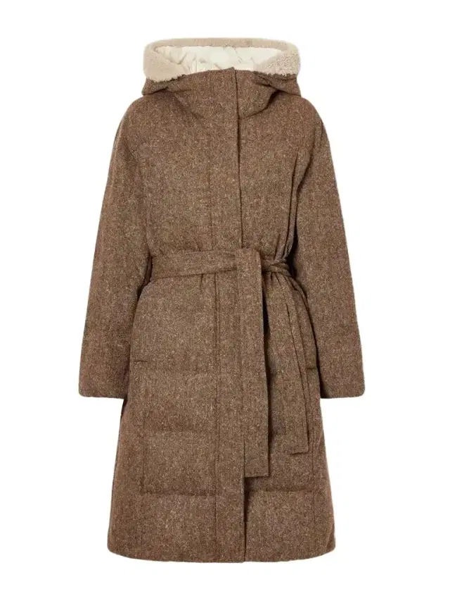 Hooded Belted Padded Quilted Shearling-trimmed Wool-blend Down Jacket Hooded Belted Padded Quilted Shearling-trimmed Wool-blend Down Jacket