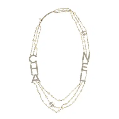 Chanel Chanel Long Crystal CHA-NEL Multi-Strand CC Pearl Necklace Ivory Pearls, Light Gold Tone Hardware | Thumbnail 2 Chanel Chanel Long Crystal CHA-NEL Multi-Strand CC Pearl Necklace Ivory Pearls, Light Gold Tone Hardware | Thumbnail 2