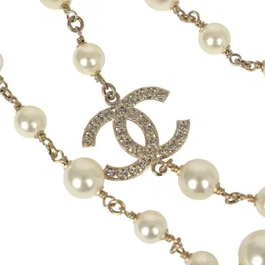 Chanel Chanel Long Crystal CHA-NEL Multi-Strand CC Pearl Necklace Ivory Pearls, Light Gold Tone Hardware | Thumbnail 5 Chanel Chanel Long Crystal CHA-NEL Multi-Strand CC Pearl Necklace Ivory Pearls, Light Gold Tone Hardware | Thumbnail 5