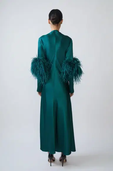 Lapointe Satin Draped Neck Bias Dress With Feathers | Thumbnail 2 Lapointe Satin Draped Neck Bias Dress With Feathers | Thumbnail 2
