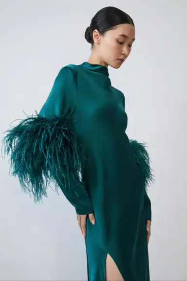Lapointe Satin Draped Neck Bias Dress With Feathers | Thumbnail 3 Lapointe Satin Draped Neck Bias Dress With Feathers | Thumbnail 3