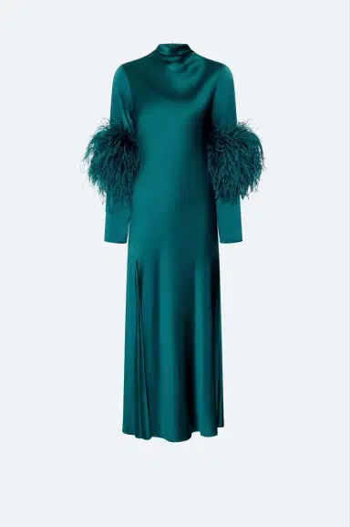 Lapointe Satin Draped Neck Bias Dress With Feathers | Thumbnail 4 Lapointe Satin Draped Neck Bias Dress With Feathers | Thumbnail 4