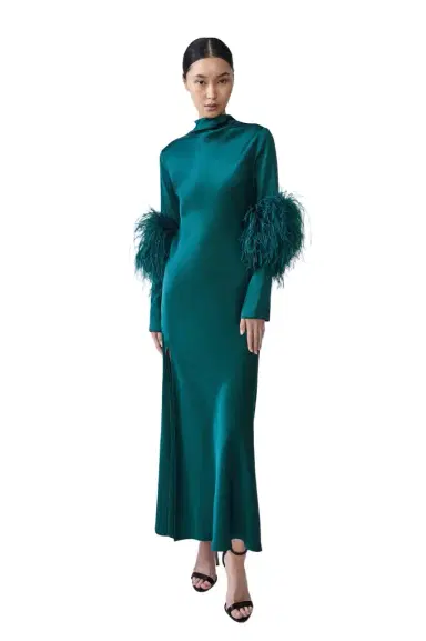 Lapointe Satin Draped Neck Bias Dress With Feathers | Thumbnail 1 Lapointe Satin Draped Neck Bias Dress With Feathers | Thumbnail 1