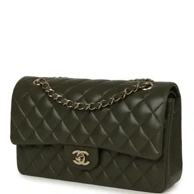 Chanel Pre-owned Chanel Medium Classic Double Flap Bag Khaki Lambskin Gold Hardware | Thumbnail 5 Chanel Pre-owned Chanel Medium Classic Double Flap Bag Khaki Lambskin Gold Hardware | Thumbnail 5