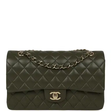 Chanel Pre-owned Chanel Medium Classic Double Flap Bag Khaki Lambskin Gold Hardware | Thumbnail 1 Chanel Pre-owned Chanel Medium Classic Double Flap Bag Khaki Lambskin Gold Hardware | Thumbnail 1
