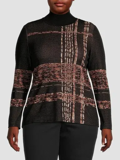 Ming Wang Women's Plaid Jacquard Knit Turtleneck Tunic | Thumbnail 3 Ming Wang Women's Plaid Jacquard Knit Turtleneck Tunic | Thumbnail 3