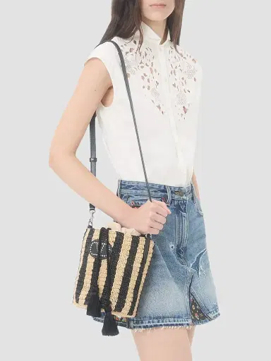 Valentino Women's Small Bucket Bag in Striped Raffia | Thumbnail 3 Valentino Women's Small Bucket Bag in Striped Raffia | Thumbnail 3