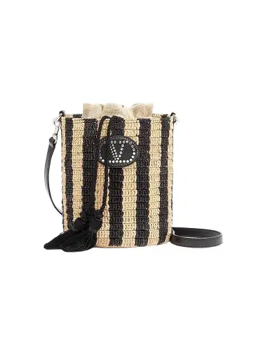 Valentino Women's Small Bucket Bag in Striped Raffia | Thumbnail 1 Valentino Women's Small Bucket Bag in Striped Raffia | Thumbnail 1